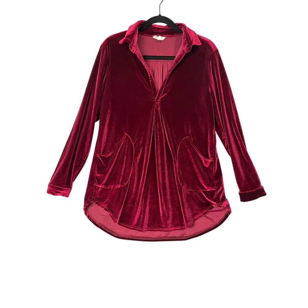 Entro Dark Red Velvet Long Sleeve‎ Oversized Shirt Dress w/ Pockets SZ Small